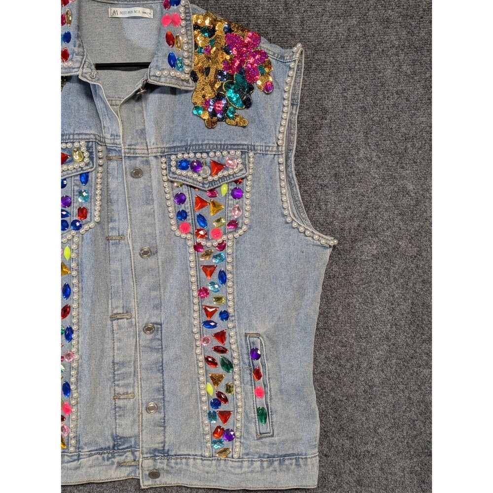 Handmade Denim Vest Pearl Embellished Sequin Floral Boho Festival Western - Picture 2 of 10
